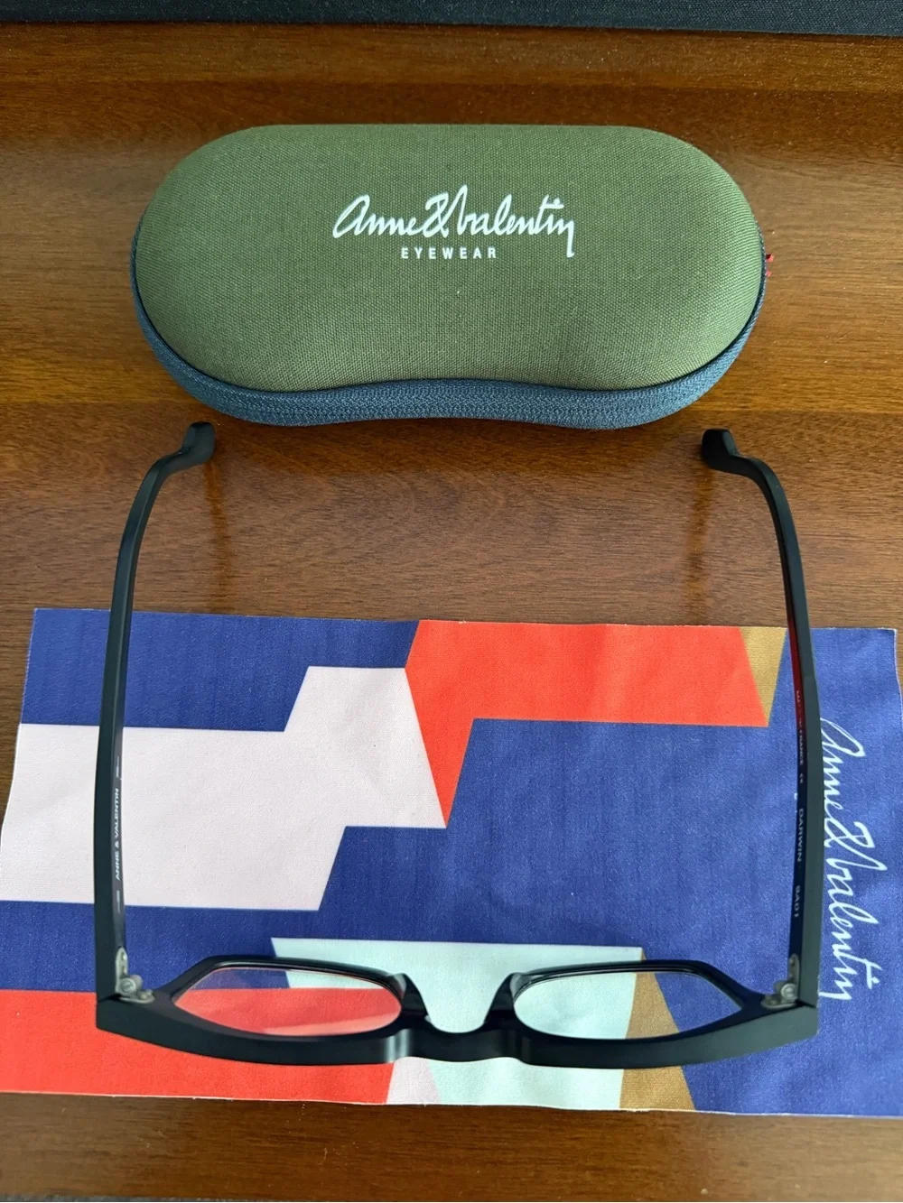 Black Rectangular Glasses with Olive Green Zip Case by Anne & Valentin